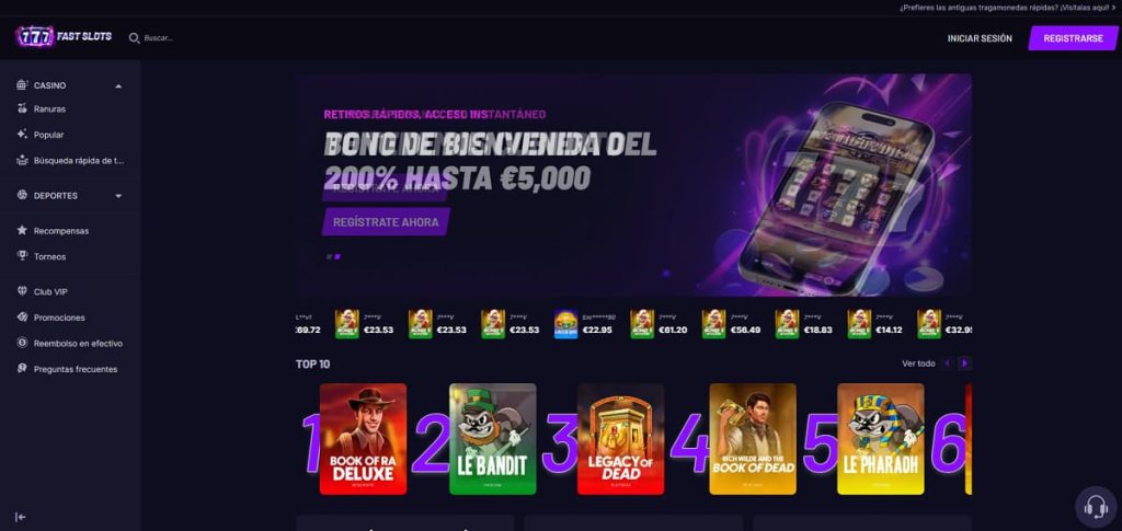 Captura de ecrã da página inicial do 777 Fast Slots com um banner que promove um bónus de boas-vindas de 200% até 5.000 €, 50 rodadas grátis e 10% cashback semanal. 