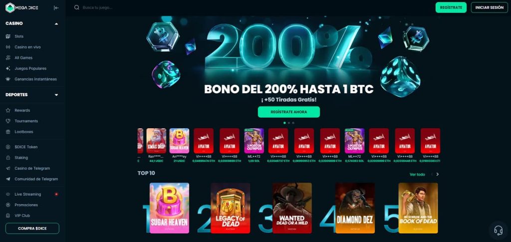 Uma captura de ecrã da plataforma de casino online Mega Dice com um banner promocional de bónus de 200%, opções de navegação para jogos de casino e apostas desportivas, e um design futurista que destaca a integração de criptomoedas.